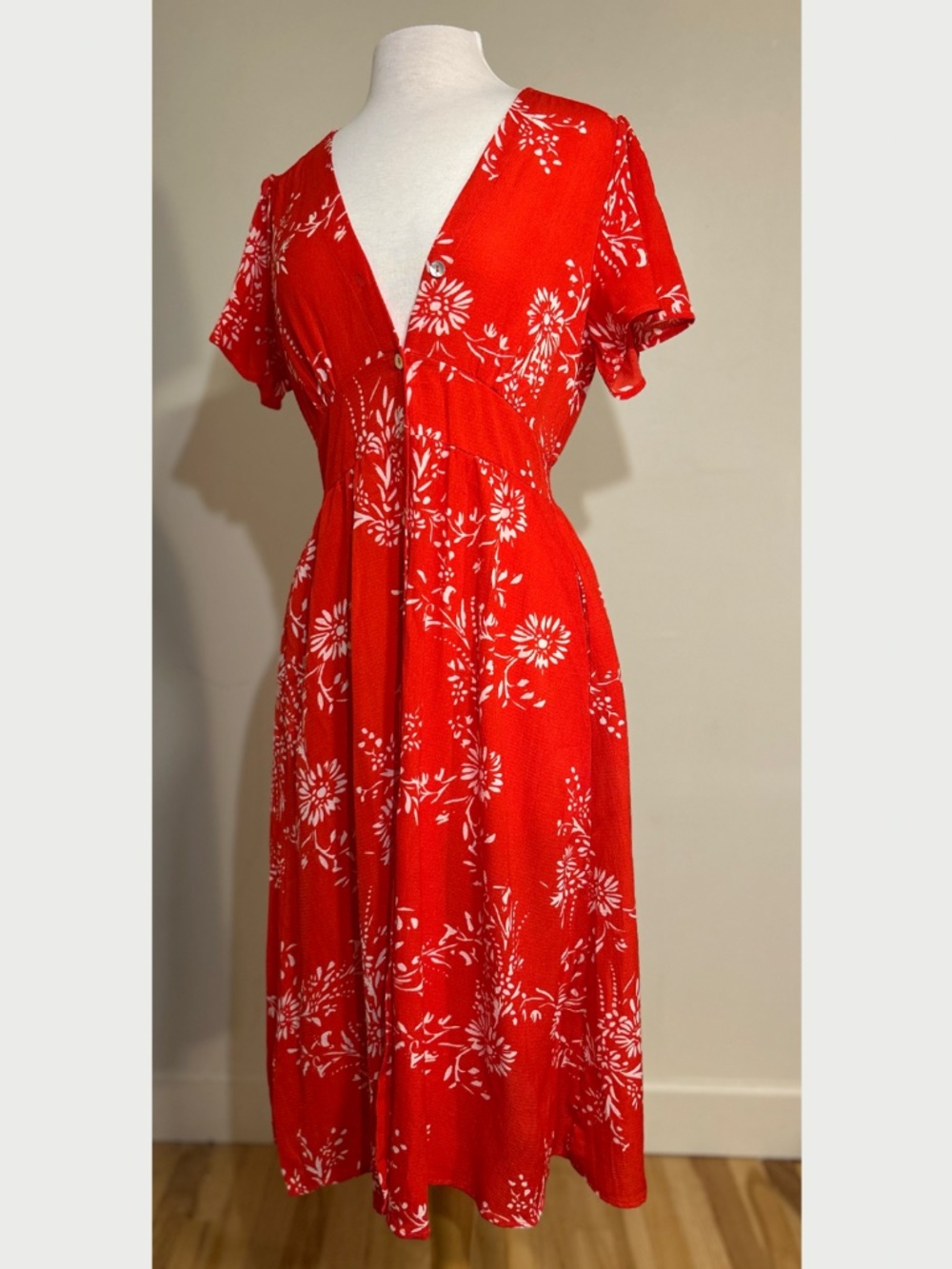 Women's Floral Button Up Split Bell Sleeve Casual Midi Dress with Pockets